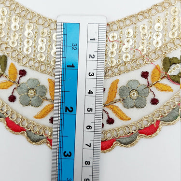 9 Yards Scallop Sequin Floral Border, Beige Shimmer Tissue Fabric Lace Trim Flowers Embroidery, Floral Sari Trimming